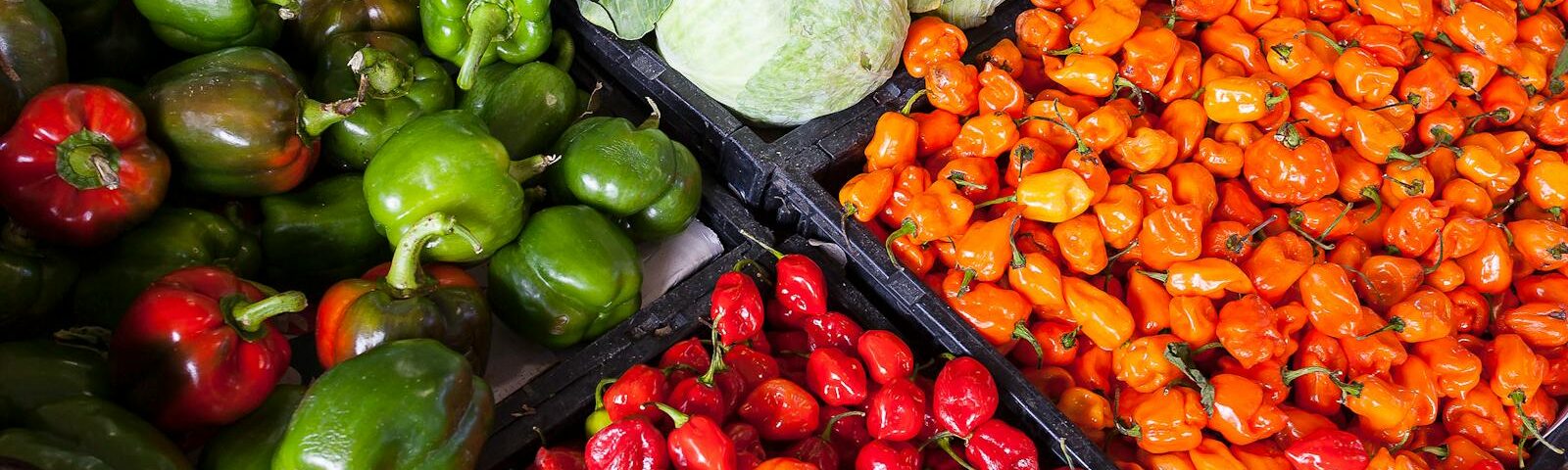 A vibrant display of fresh vegetables including peppers and cabbage at an outdoor market.