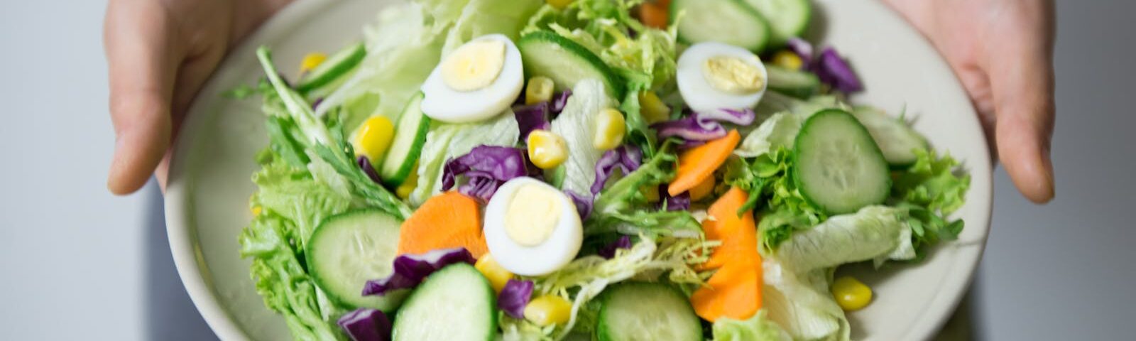 Freshly prepared salad with cucumber, lettuce, carrots, and egg slices presented on a plate.